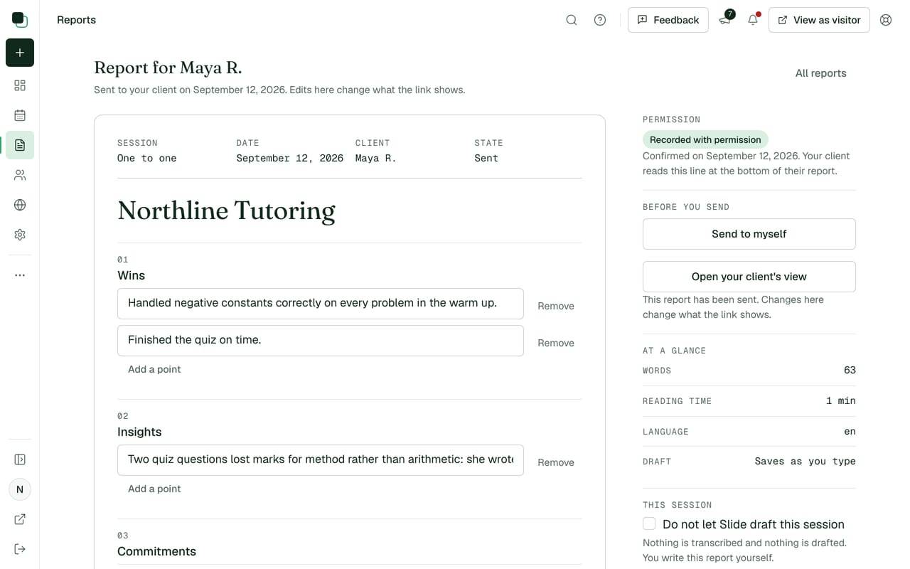 The report editor in Slide Practice, with the four sections of a drafted report open and the practitioner's cursor in the commitments list.