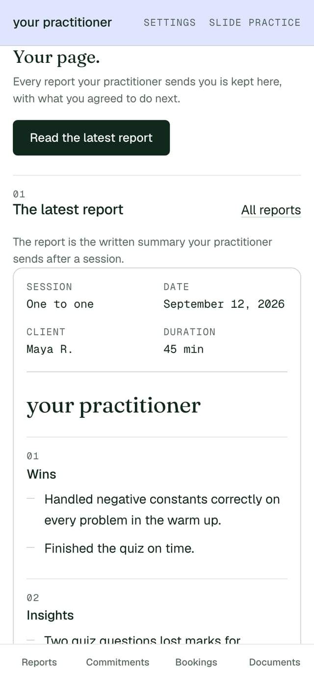 The client's page on a phone, with the newest report at the top and one commitment already ticked.