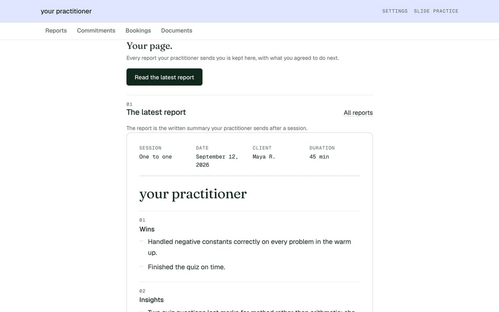 The client's page for Northline Tutoring, with the next session, a button to book another, and tabs holding the past sessions, the reports and the commitments.