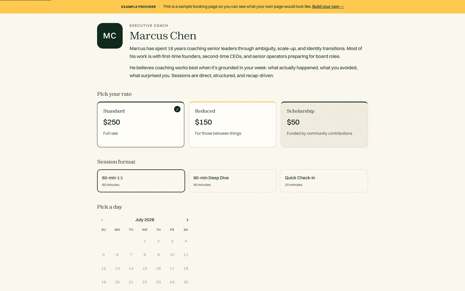 La page de réservation de Slide Practice, où le client choisit une heure et un tarif adapté