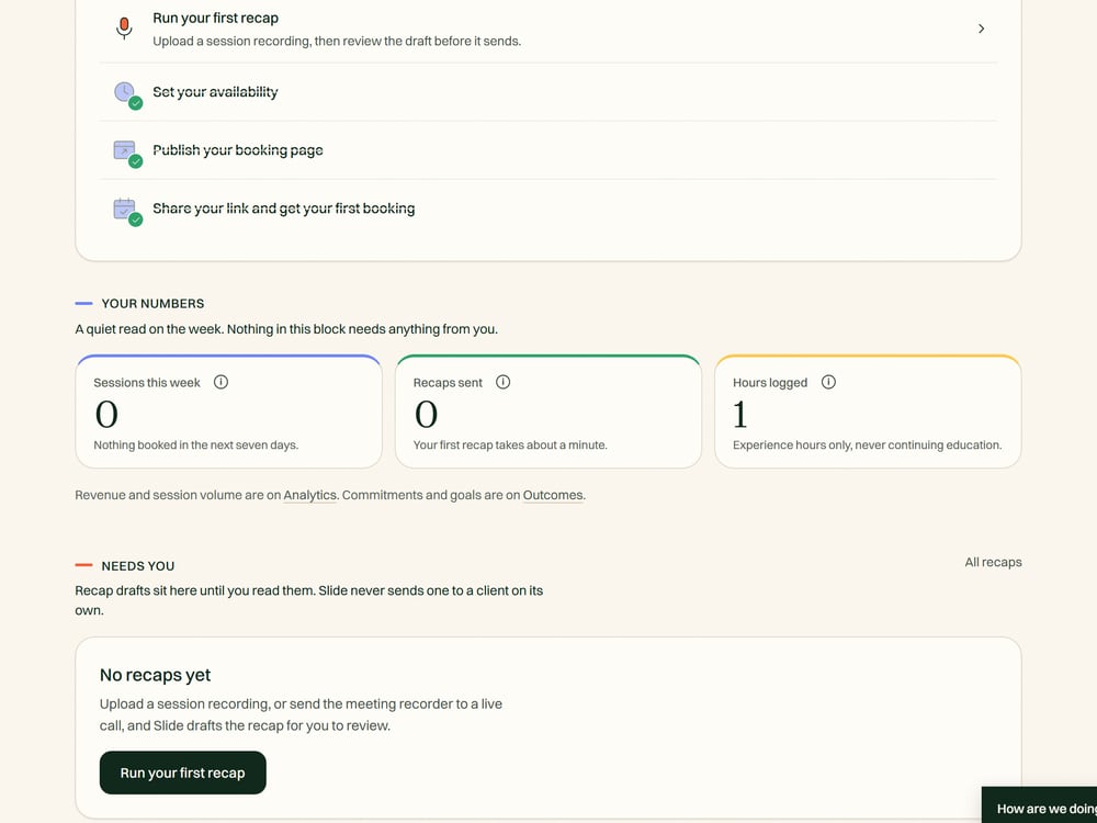 The three readings on the Slide Practice dashboard: sessions this week, recaps sent, hours logged