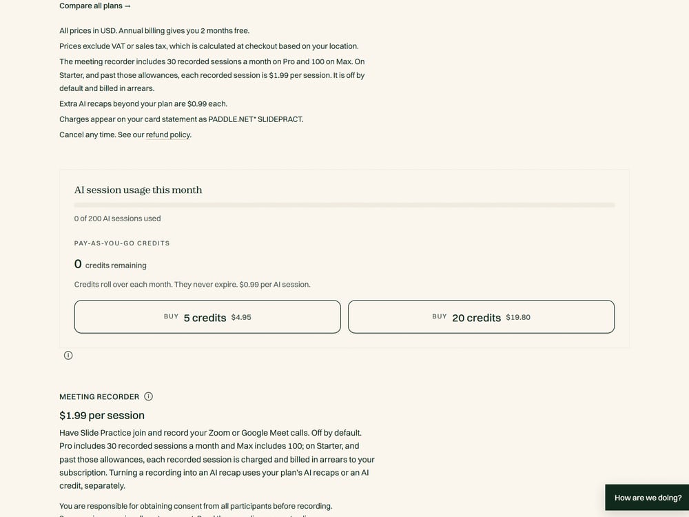 La cuota mensual de resúmenes en la pantalla de facturación de Slide Practice