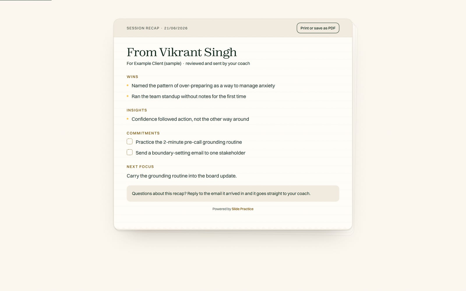 The client portal in Slide Practice with recaps, action items, and session history