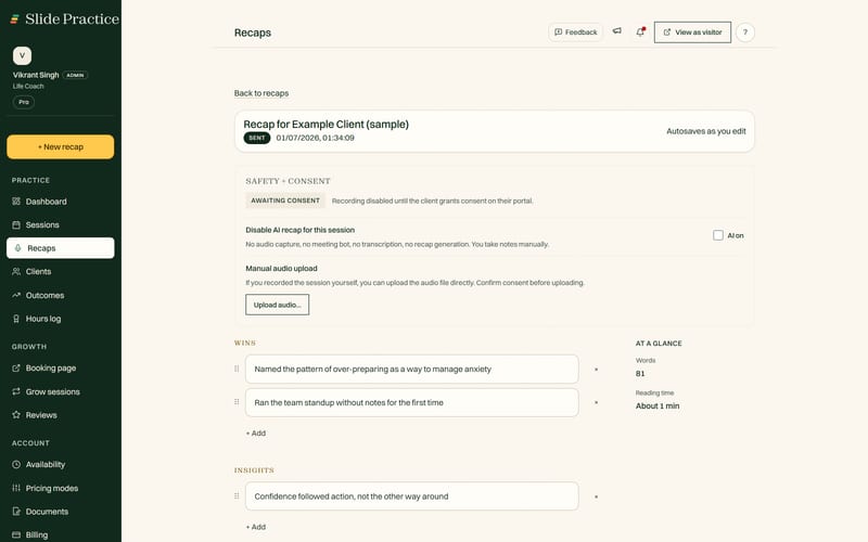 Un compte rendu de séance terminé dans Slide Practice, avec le sceau de consentement, les réussites, les engagements et le bouton d envoi