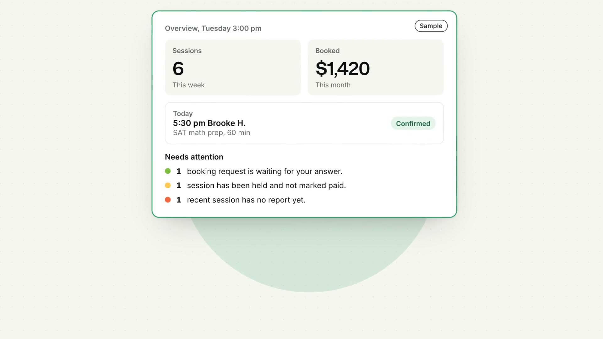 A frame from the tour: the Overview on a sample tutor’s account, with the sessions this week, what is booked this month, today’s lesson and three things that need attention.
