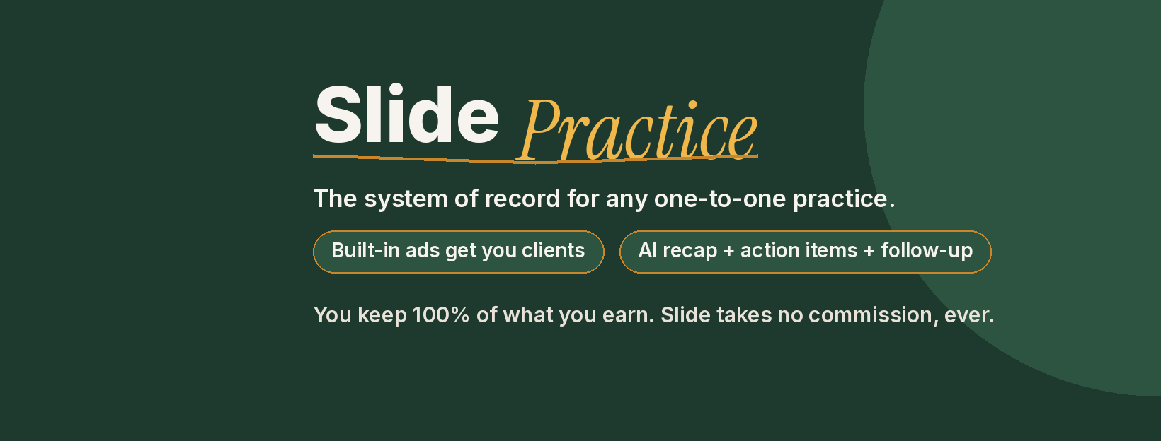 Slide Practice banner: cream and amber wordmark on deep forest green