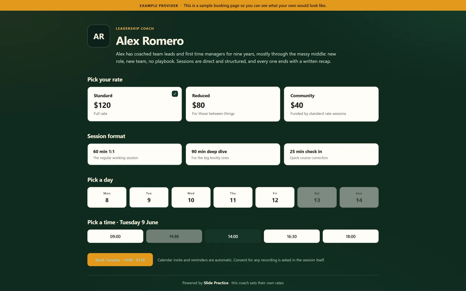 The Slide Practice booking page where a client picks a time and a sliding-scale rate