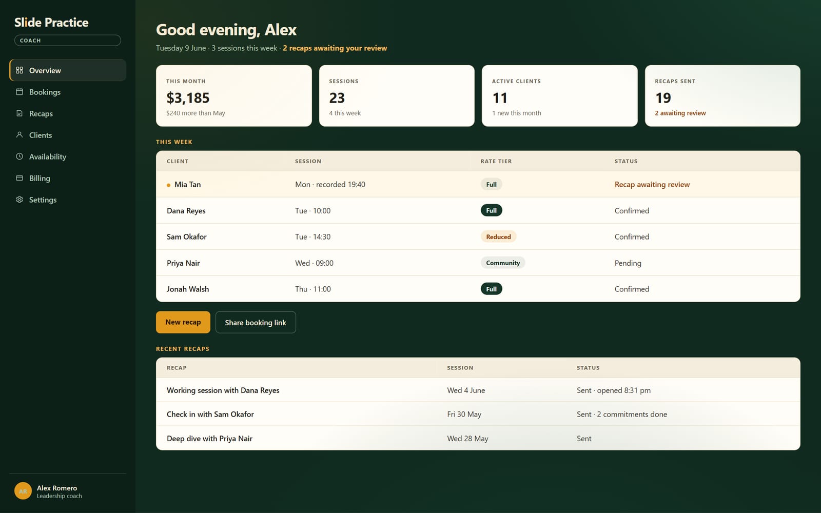 The dashboard in Slide Practice with sessions, clients, and recaps
