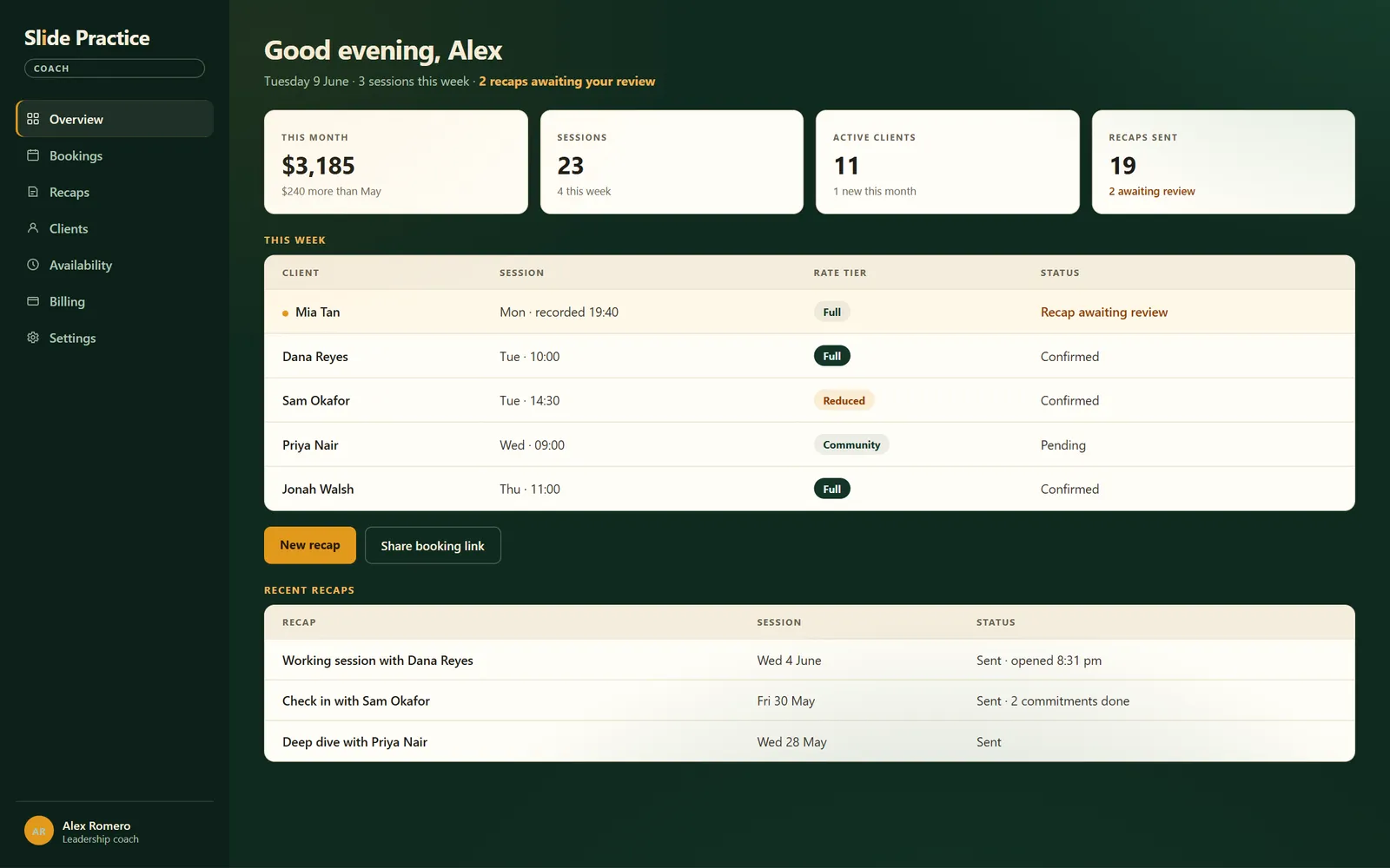 The Slide Practice practitioner dashboard showing upcoming sessions and client progress