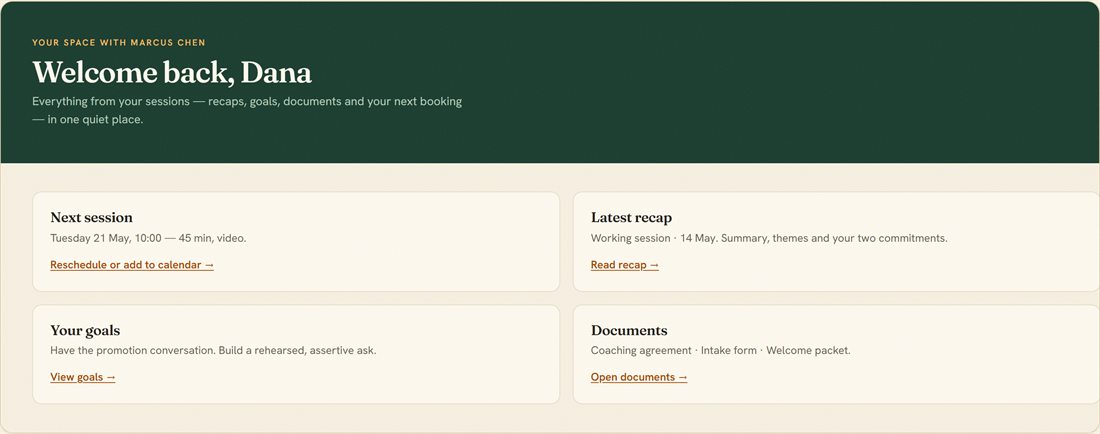 A client's private portal in Slide Practice showing their next session, latest recap, goals, and documents.