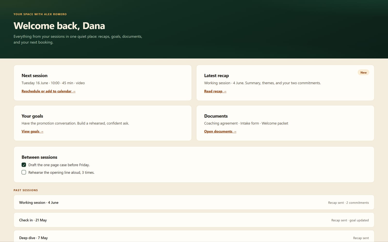 A client portal in Slide Practice showing recaps, action items, and session history