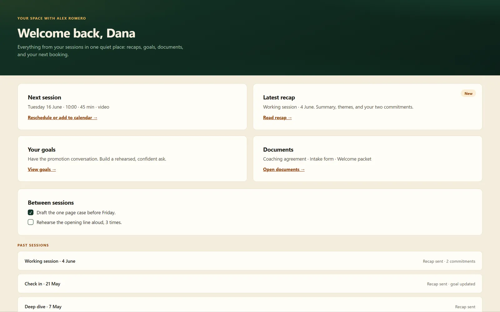 The private client portal in Slide Practice, where a client sees their recaps and commitments