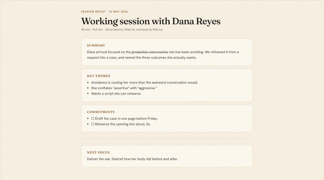 A Slide Practice AI session recap with summary, key themes, commitments, and next focus.