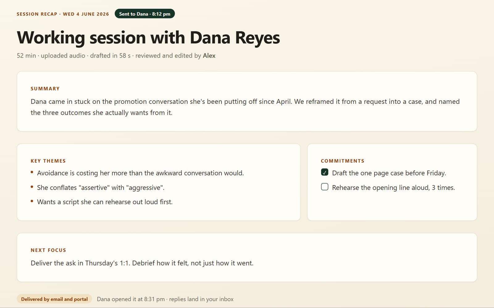 A finished session recap in Slide Practice, as the client receives it