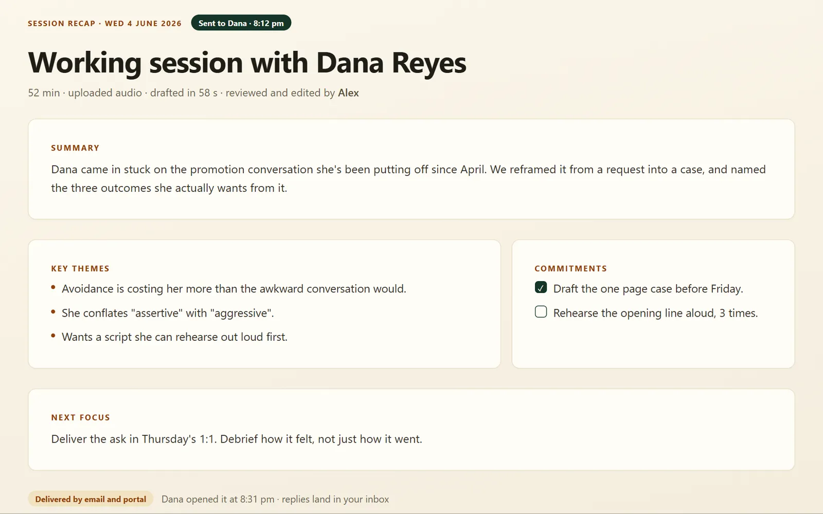 A session recap in Slide Practice, with a summary, action items, and a follow-up email ready to send